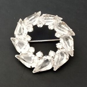 Vintage Mid Century  Silver Tone Clear Rhinestone Circle Pin Brooch